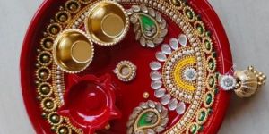Handpainted Steel Colorful Pooja Thali Set Red