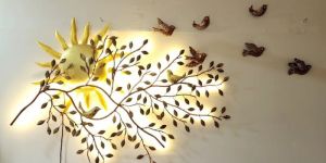 Metal Sun Tree Wall Decor with Birds And LED Lights