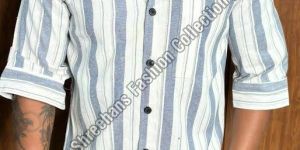 Mens Half Sleeve White & Blue Striped Shirt