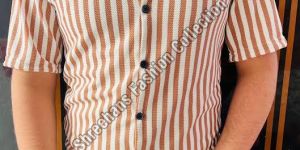Mens Half Sleeve White & Peach Striped Shirt