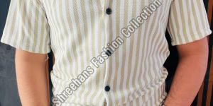 Mens Half Sleeve White & Yellow Striped Shirt