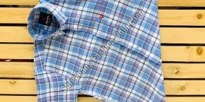 Mens Sky Blue Check Half Sleeve Shirt