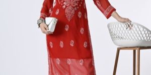 Red Mirror Work Kurti