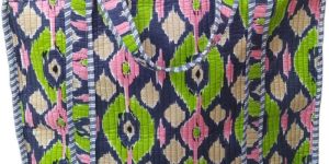 Handblock Printed Quilted Tote Bag with Concealed Zip ( 17X18X6 Inches )