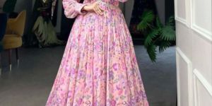 Georgette Floral Print with Lace Border Stitched Gown