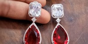 Red Oval Shape American Diamond Earrings