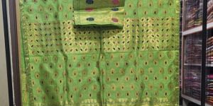 Green Printed Mekhela Silk Chador