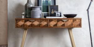 Geometric Mango Wood Dressing Table with Brass Gold Legs
