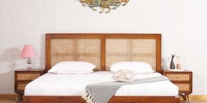 Solid Wood Rattan Cane King Size Bed - Brown Finish