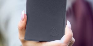 KARA Unisex Genuine Leather Blue Card Holder - Metal Pop up Card Holder with Extra Space