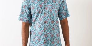 Mens Blue Printed Cotton Shirt
