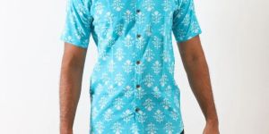 Mens Light Blue Printed Cotton Shirt