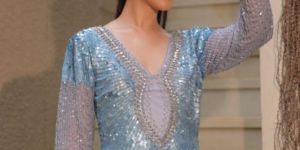 Ladies Light Blue Beaded Evening Dress