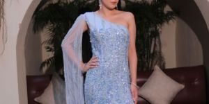 Ladies Sky Blue Beaded Evening Dress