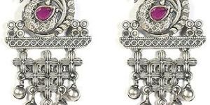 Pink Crystal Peacock Carved Oxidised Earrings