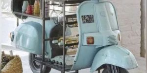 Repurposed chetak scooter bar table mango wood top finishing natural & iron frame finish back