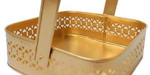 Indo Art Collection SQUARE BASKET IRON METAL ,GOLD COLOR BASKET
