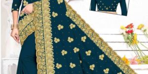 Ladies Teal Blue Heavy Work Embroidery Saree