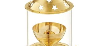 Akhand Diya Decorative Brass Glass Oil Lamp Tea Light Holder Diya with Borosilicate Glass Puja