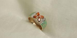 Green Enamel Garnet and Diamond Gold Ring