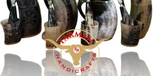 Handcarved Viking Drinking Ox Horn Bottle Opener and Mug Set