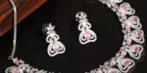 White Rhodium Plated Baby Pink Choker Necklace Set