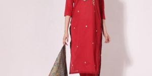 Cotton Red Color Kantha Stitch Kurta Pant Dupatta Full Set