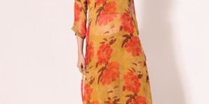 Mustard & red colour organza floral print katdana work kurta with palazo set