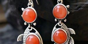 Delia Silver Antique Orange Coral Drop Fish Hook Earrings