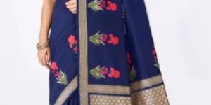 Navy Blue Handwoven Banarasi Silk Saree with Embroidered Floral Motifs