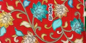 Red Position Print Embroidered Dola Silk Fabric