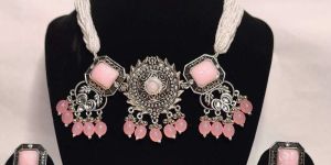 Latest Oxidized Pink and Silver Necklace Set for Women and Girls