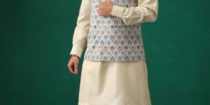 Classic Blue Geometric Print Bundi for Men
