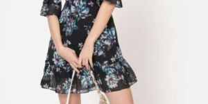 RAVEN BLACK CHIFFON FLORAL PRINT MINI DRESS