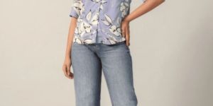 Women Floral Collar Short Sleeves Shirt