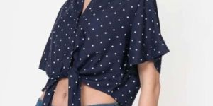 Women ULTRAMARINE RAYON POLKA DOT TIE UP CROP SHIRT