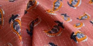 Coral Pink Motifs Pure Cotton Kantha Fabric