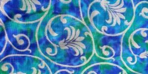Dark Blue Green Floral Golden Foil Polyester Kota Doria Fabric