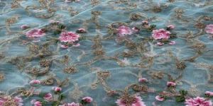 Light Blue Embroidered Net Fabric