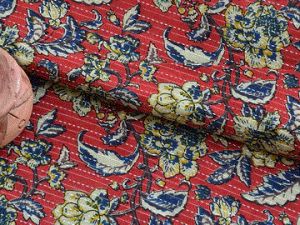 Multicolor Red Floral Pure Cotton Kantha Fabric