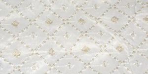 White Geometric Dyeable Lakhnavi Embroidered Viscose Dola Silk Fabric