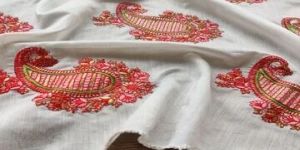 White Red Paisleys Kashmiri Embroidered Motifs Chanderi Silk Fabric