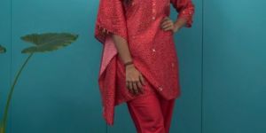 Womens Bandhej Print Half Kaftan Top with Pant Set