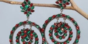 Afghani Traditional Oxidized Silver Light Weight Red/Green Stone Chandilier Dangler Women Earring