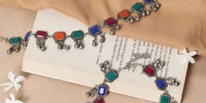 German Silver Multi ColorStone Anklet for Women