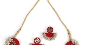 Handcrafted Fabric Flower Shaped Necklace With D-Shaped Earring For Women