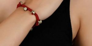 Red Embellishments German Silver Thread Bracelet for Women