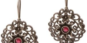 Ruby Blossom Designer Oxidized German Silver Flower Dangle Earrings for Women