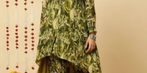 GREEN ABSTRACT PRINTED EMBROIDERED CO ORD SET