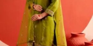 MEHENDI GREEN ZARDOZI EMBROIDERED FESTIVE KURTA SET WITH DUPATTA